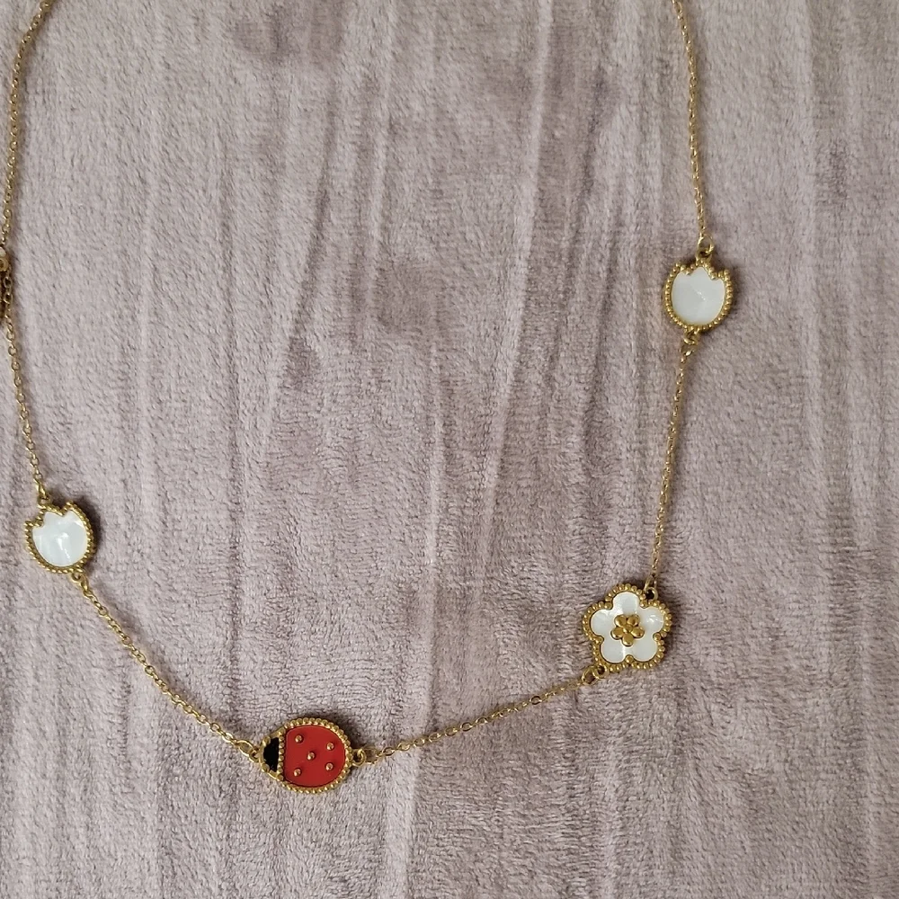 Gold and Red Clover Charm Necklace With Lady Bug - Picture 4 of 5